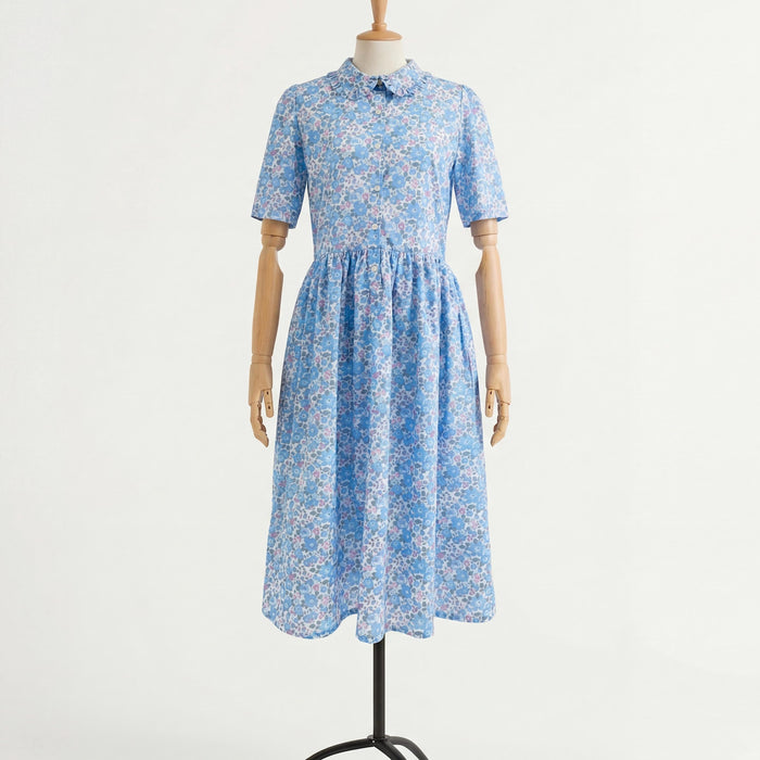 Liberty London Midi Frilled Peter Pan Collar Dress, Puffed Half Sleeves Tana Lawn Gown