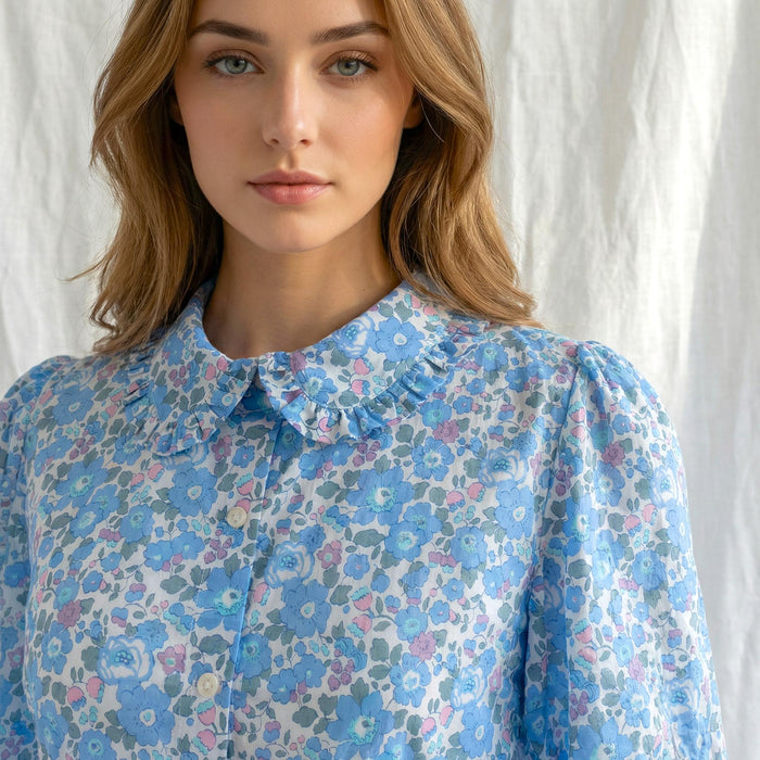 Liberty London Midi Frilled Peter Pan Collar Dress, Puffed Half Sleeves Tana Lawn Gown