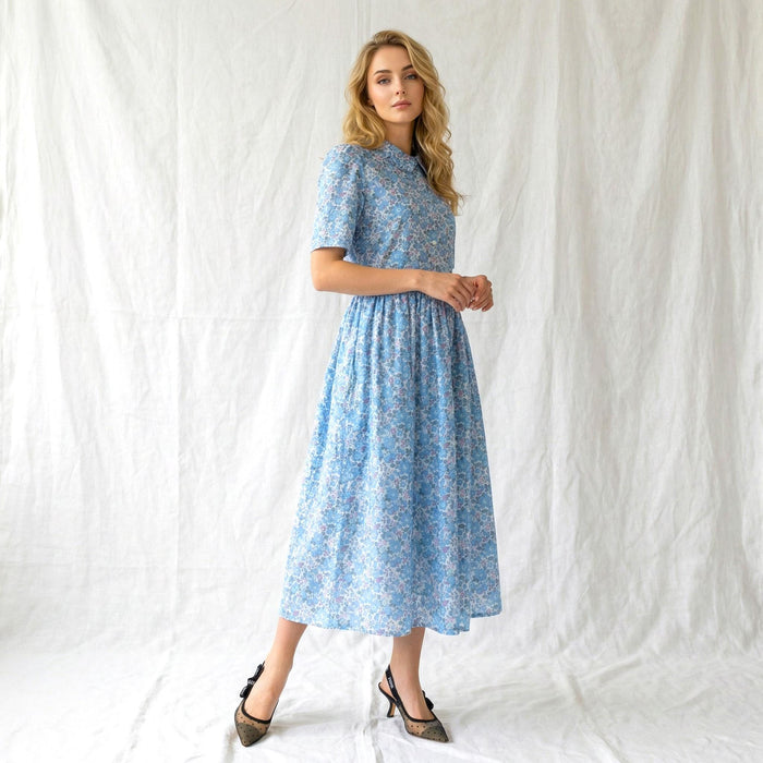 Liberty London Midi Frilled Peter Pan Collar Dress, Puffed Half Sleeves Tana Lawn Gown