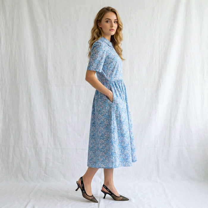 Liberty London Midi Frilled Peter Pan Collar Dress, Puffed Half Sleeves Tana Lawn Gown