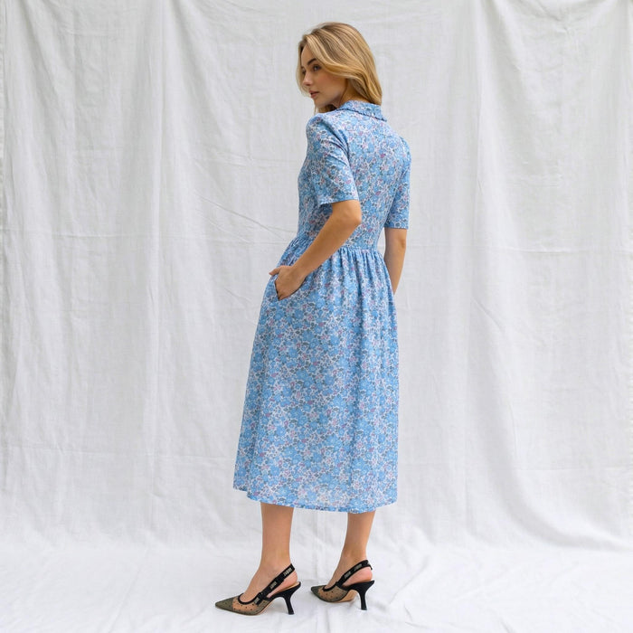 Liberty London Midi Frilled Peter Pan Collar Dress, Puffed Half Sleeves Tana Lawn Gown