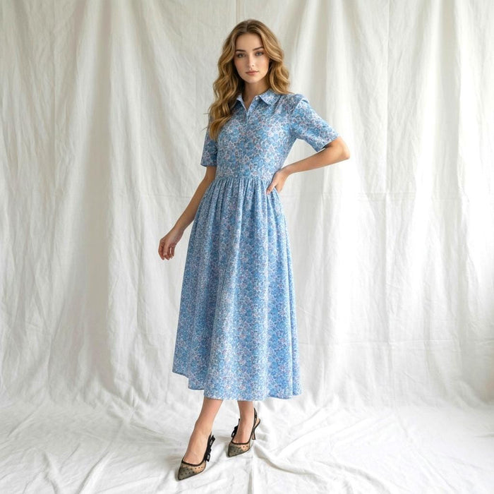 Liberty London Midi Frilled Peter Pan Collar Dress, Puffed Half Sleeves Tana Lawn Gown