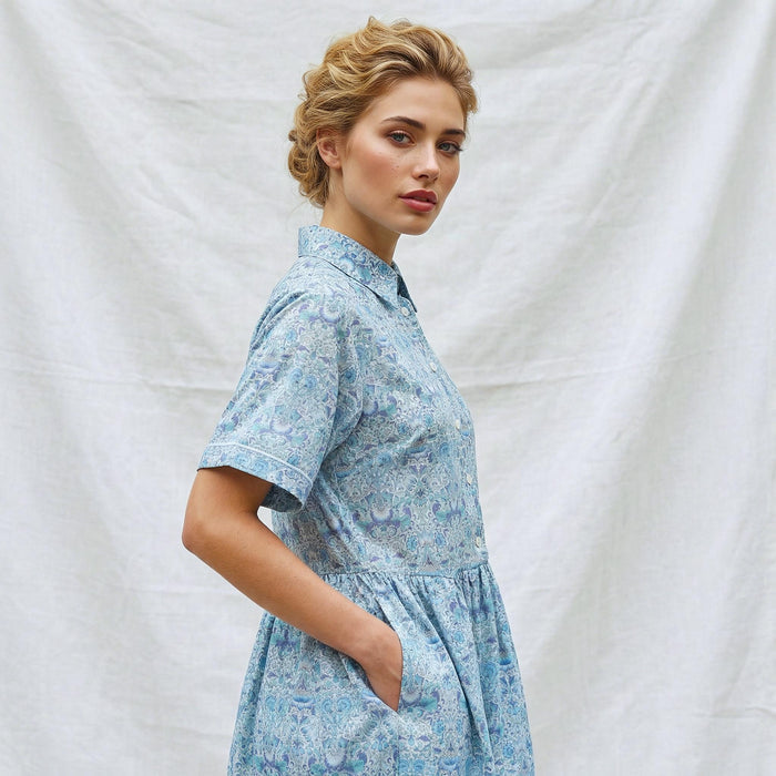 Liberty London Midi Shirt Dress, Kimono Half Sleeves Gown, Handmade Botanical Floral Print Dress
