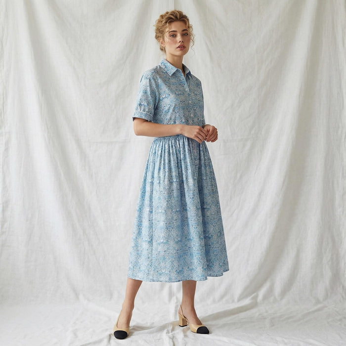 Liberty London Midi Shirt Dress, Kimono Half Sleeves Gown, Handmade Botanical Floral Print Dress