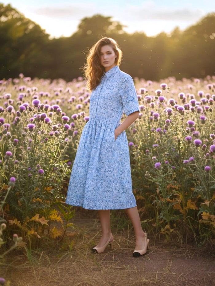 Liberty London Midi Shirt Dress, Kimono Half Sleeves Gown, Handmade Botanical Floral Print Dress