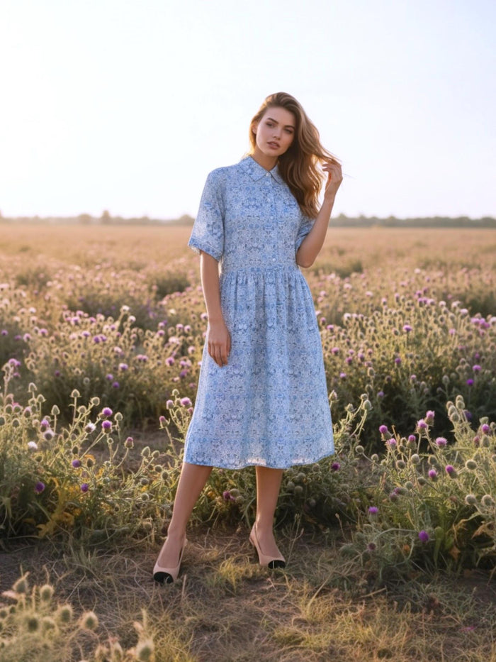 Liberty London Midi Shirt Dress, Kimono Half Sleeves Gown, Handmade Botanical Floral Print Dress