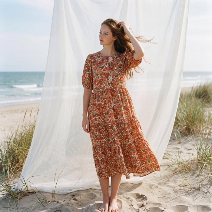 Liberty London Puffed Short Sleeves Tiered Sundress, Handmade Sustainable Womenswear, Botanical Personalised Cotton Clothing