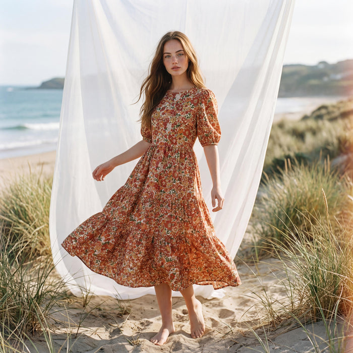 Liberty London Puffed Short Sleeves Tiered Sundress, Handmade Sustainable Womenswear, Botanical Personalised Cotton Clothing