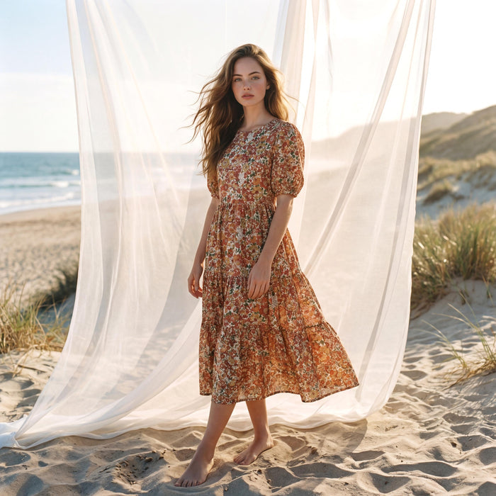 Liberty London Puffed Short Sleeves Tiered Sundress, Handmade Sustainable Womenswear, Botanical Personalised Cotton Clothing