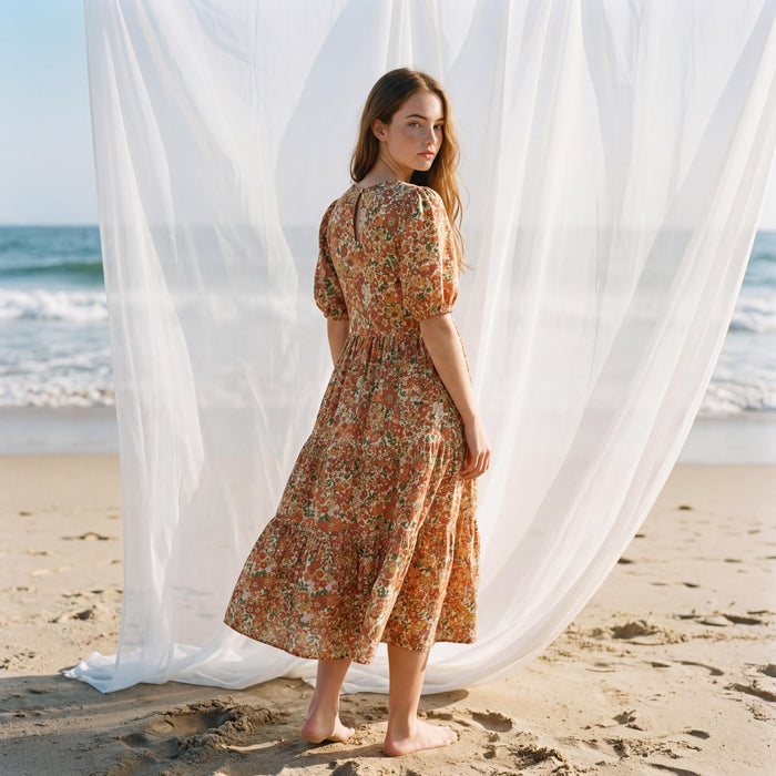 Liberty London Puffed Short Sleeves Tiered Sundress, Handmade Sustainable Womenswear, Botanical Personalised Cotton Clothing