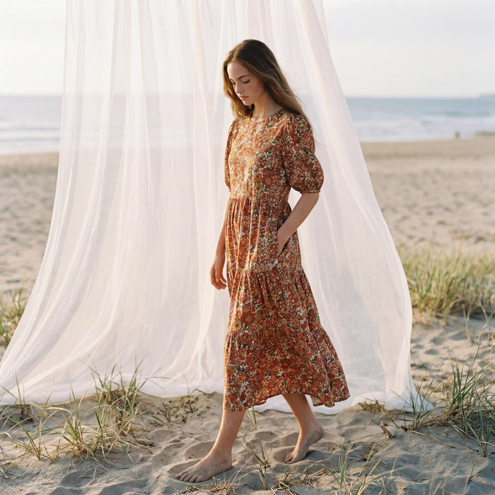 Liberty London Puffed Short Sleeves Tiered Sundress, Handmade Sustainable Womenswear, Botanical Personalised Cotton Clothing