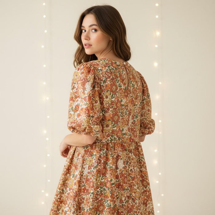 Liberty London Puffed Short Sleeves Tiered Sundress, Handmade Sustainable Womenswear, Botanical Personalised Cotton Clothing