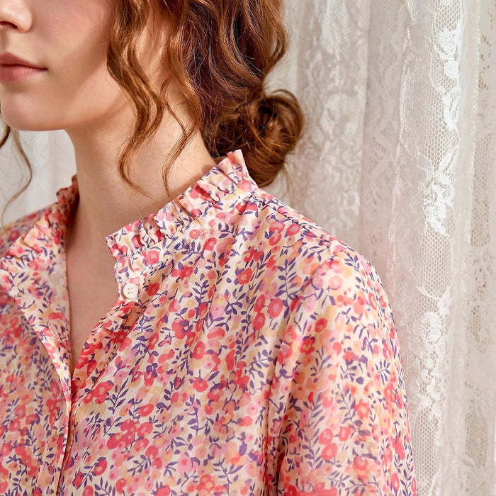 Liberty London Ruffle Collared Long Sleeves Button-up Blouse, Personalised Cotton Chemise, Handmade Sustainable Womenswear