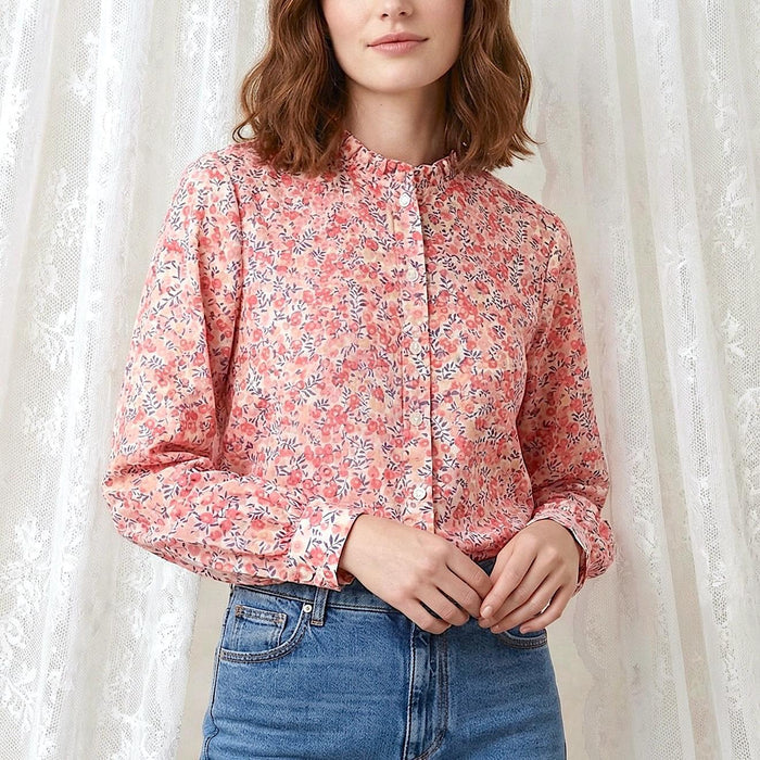 Liberty London Ruffle Collared Long Sleeves Button-up Blouse, Personalised Cotton Chemise, Handmade Sustainable Womenswear