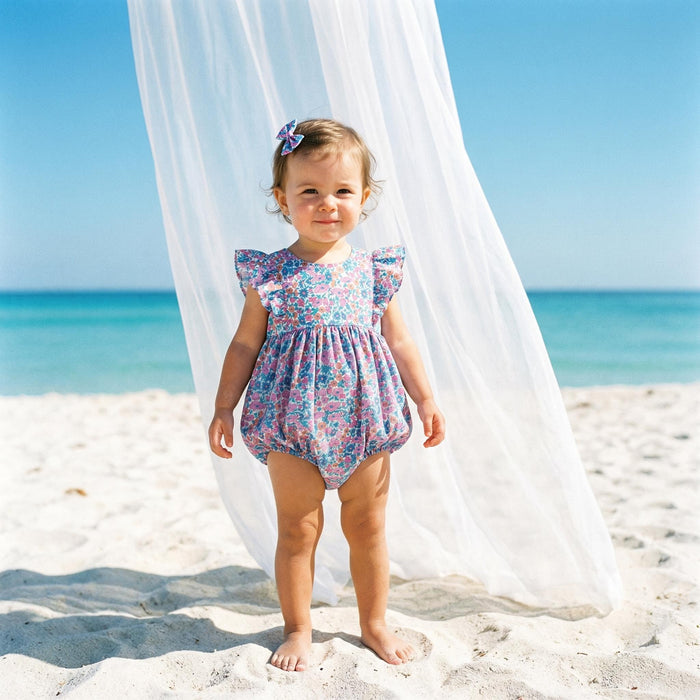 Liberty London Ruffle Sleeveless Bubble Romper, Personalised Children Clothing, Sustainable Ethical-wear, Cotton Lightweight Sunsuit