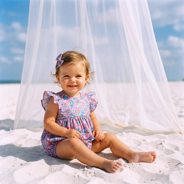 Liberty London Ruffle Sleeveless Bubble Romper, Personalised Children Clothing, Sustainable Ethical-wear, Cotton Lightweight Sunsuit