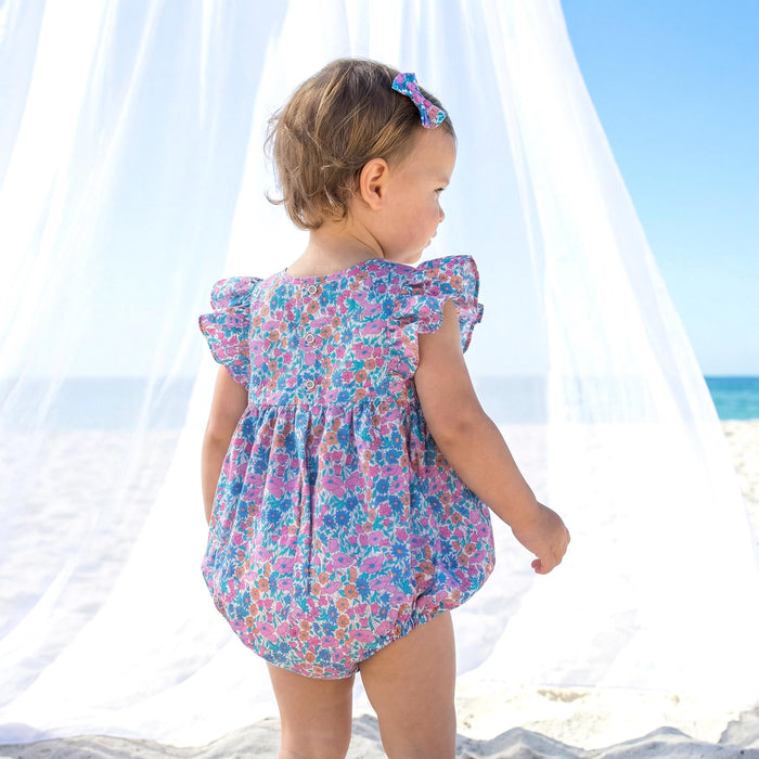 Liberty London Ruffle Sleeveless Bubble Romper, Personalised Children Clothing, Sustainable Ethical-wear, Cotton Lightweight Sunsuit
