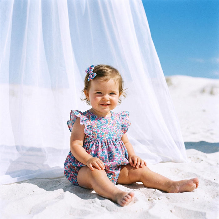 Liberty London Ruffle Sleeveless Bubble Romper, Personalised Children Clothing, Sustainable Ethical-wear, Cotton Lightweight Sunsuit