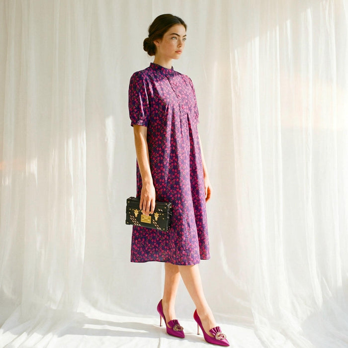 Liberty London Shifted Midi Dress, Handmade Botanical Ethical-wear Clothing, Sustainable Sophisticated Minimalist Slow-fashioned Womenswear