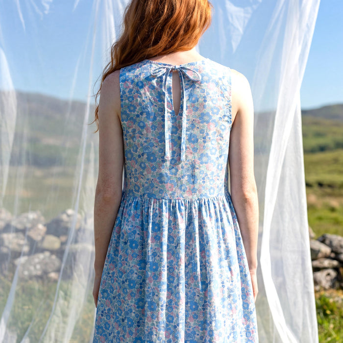 Liberty London Sleeveless Sundress, Handmade Cotton Womenswear, Botanical Tailoring Clothing, Tiered Flower Long Dress