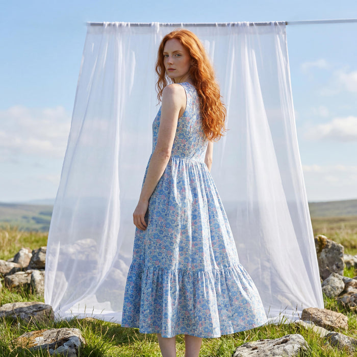 Liberty London Sleeveless Sundress, Handmade Cotton Womenswear, Botanical Tailoring Clothing, Tiered Flower Long Dress