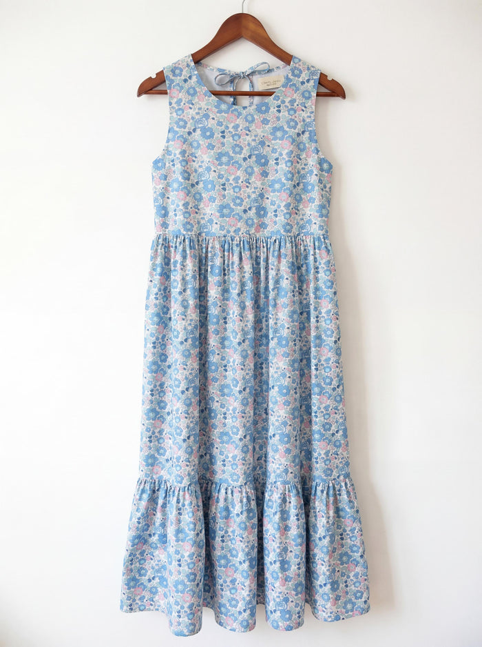 Liberty London Sleeveless Sundress, Handmade Cotton Womenswear, Botanical Tailoring Clothing, Tiered Flower Long Dress