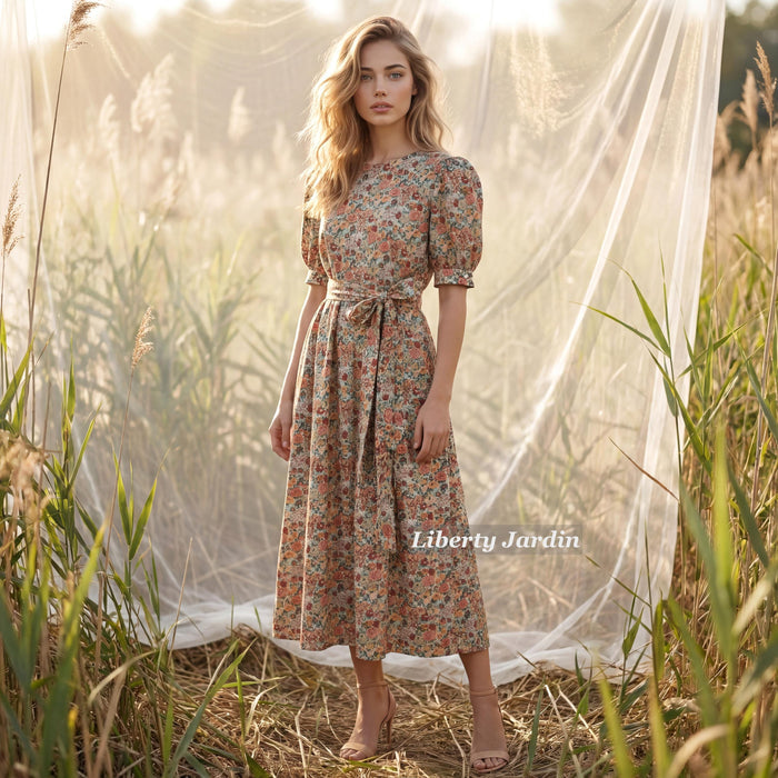 Liberty London Smock Puffed-Sleeves Midi-Length Sun Dress, Sustainable Handmade Womenswear, Botanical Floral-print Cotton Clothing