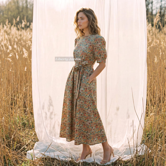 Liberty London Smock Puffed-Sleeves Midi-Length Sun Dress, Sustainable Handmade Womenswear, Botanical Floral-print Cotton Clothing