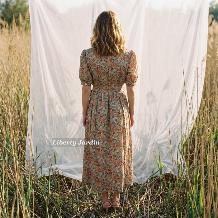 Liberty London Smock Puffed-Sleeves Midi-Length Sun Dress, Sustainable Handmade Womenswear, Botanical Floral-print Cotton Clothing