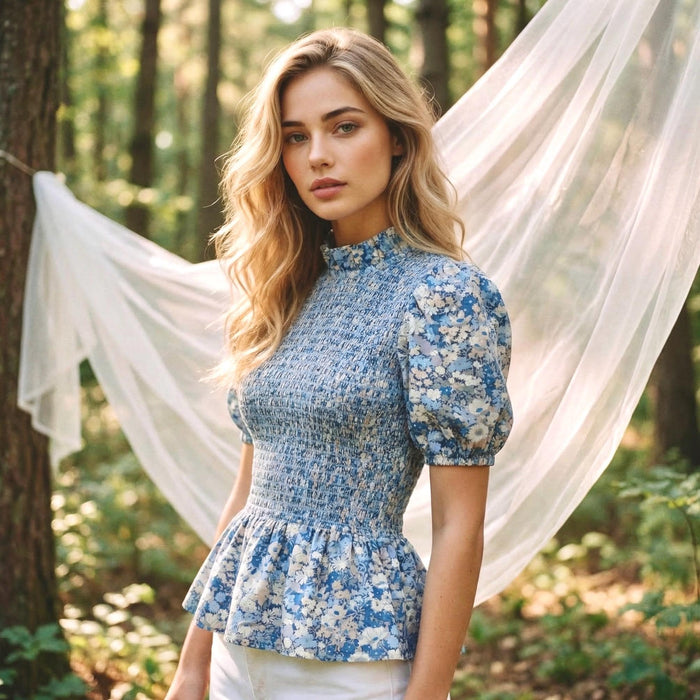 Liberty London Smock-Shirred Peplum Top, Ruffle-collared Handmade Blouse, Sustainable Ethical Clothing, Floral-print Cotton Womenswear