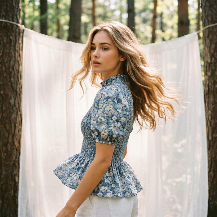 Liberty London Smock-Shirred Peplum Top, Ruffle-collared Handmade Blouse, Sustainable Ethical Clothing, Floral-print Cotton Womenswear