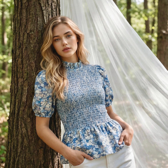 Liberty London Smock-Shirred Peplum Top, Ruffle-collared Handmade Blouse, Sustainable Ethical Clothing, Floral-print Cotton Womenswear
