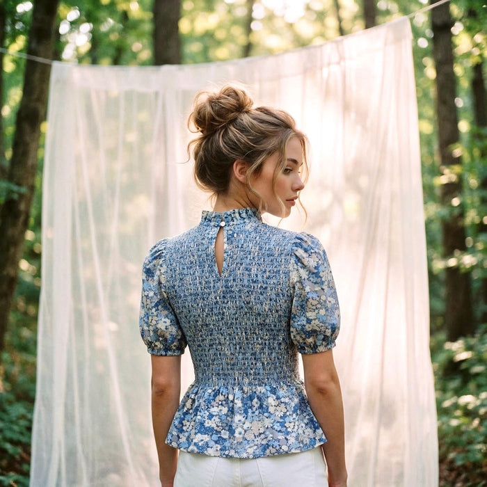 Liberty London Smock-Shirred Peplum Top, Ruffle-collared Handmade Blouse, Sustainable Ethical Clothing, Floral-print Cotton Womenswear