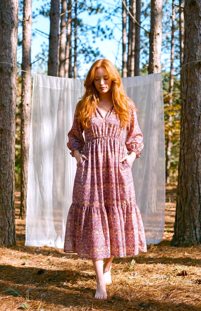 Liberty London V-neck Three-quarter Sleeves Smock Dress, Customised Tailoring Womenswear, Sustainable Botanical Personalised Clothing