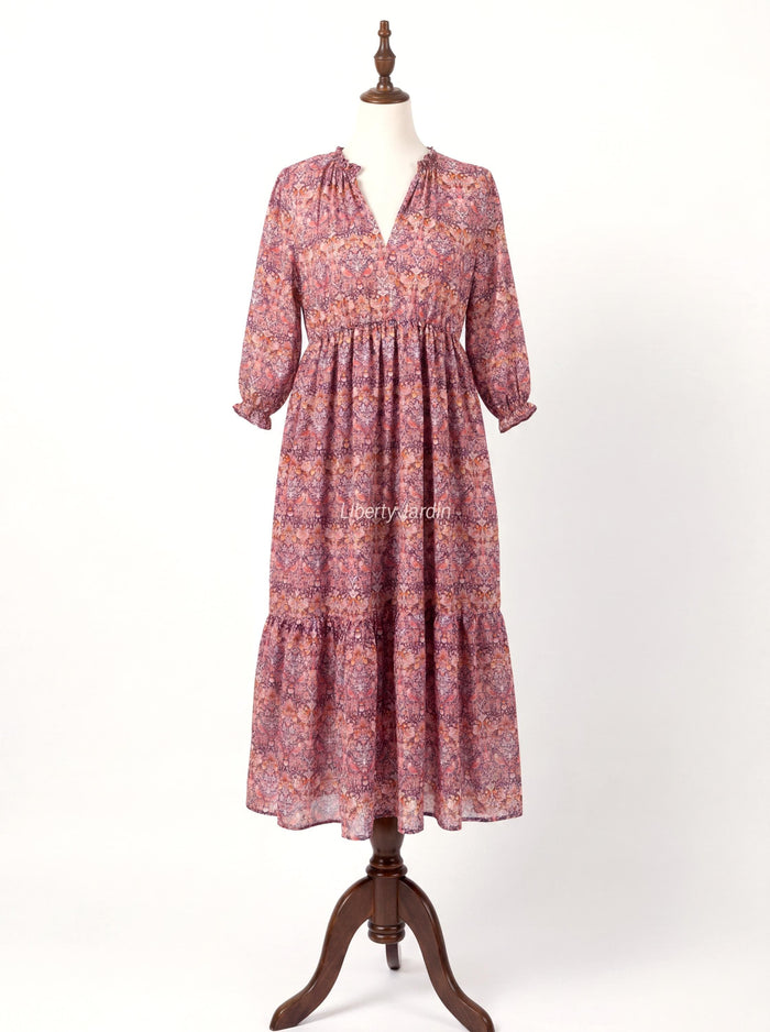 Liberty London V-neck Three-quarter Sleeves Smock Dress, Customised Tailoring Womenswear, Sustainable Botanical Personalised Clothing