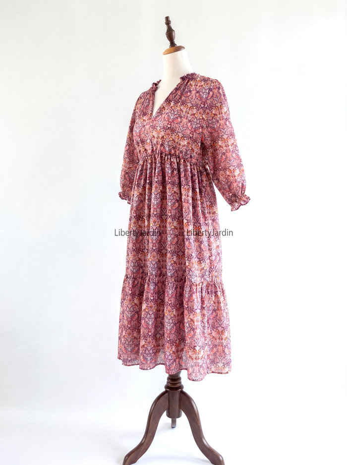 Liberty London V-neck Three-quarter Sleeves Smock Dress, Customised Tailoring Womenswear, Sustainable Botanical Personalised Clothing