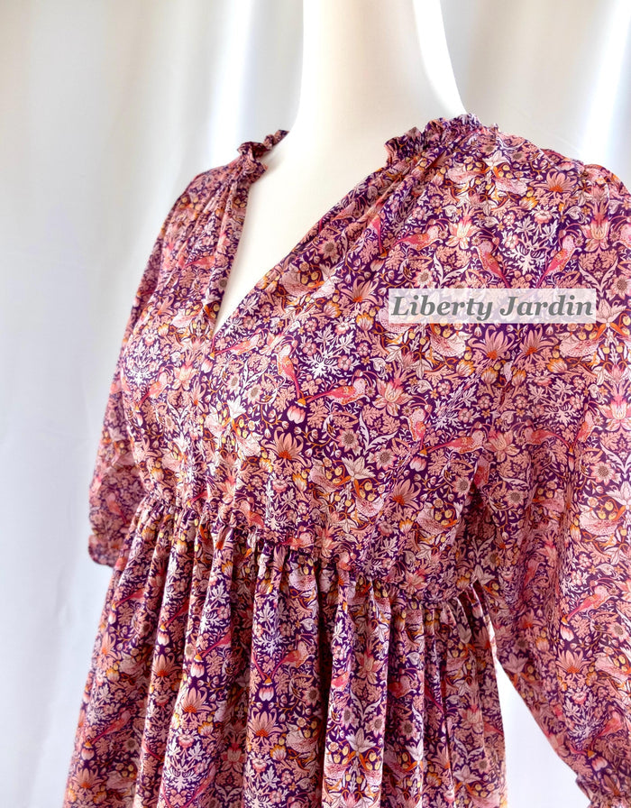 Liberty London V-neck Three-quarter Sleeves Smock Dress, Customised Tailoring Womenswear, Sustainable Botanical Personalised Clothing