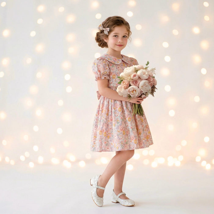 Liberty London Wedding Flower Girl Dress, Peter-Pan Collared Short-Sleeved Handmade Heirloom Gown, Sustainable Clothing
