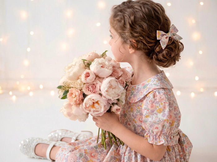 Liberty London Wedding Flower Girl Dress, Peter-Pan Collared Short-Sleeved Handmade Heirloom Gown, Sustainable Clothing
