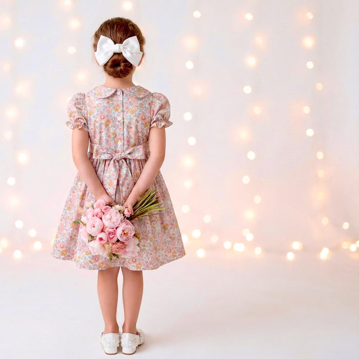 Liberty London Wedding Flower Girl Dress, Peter-Pan Collared Short-Sleeved Handmade Heirloom Gown, Sustainable Clothing