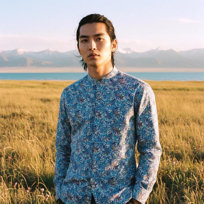 Liberty Print Men's Shirt, Mandarin Collar, Floral Tana Lawn Cotton