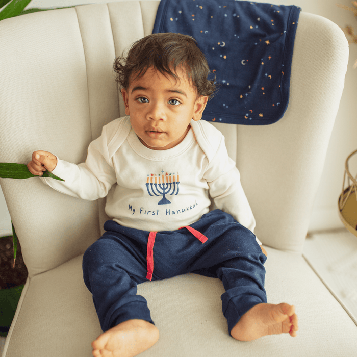 Baby long sleeve graphic bodysuit | my first hanukkah finn + emma