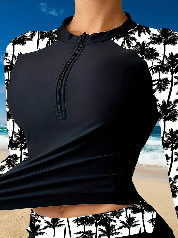 Long Sleeve Rash Guard for Women - 2 Piece Swimsuit with Shorts Zip Up Swim Shirt with Built-in Bra
