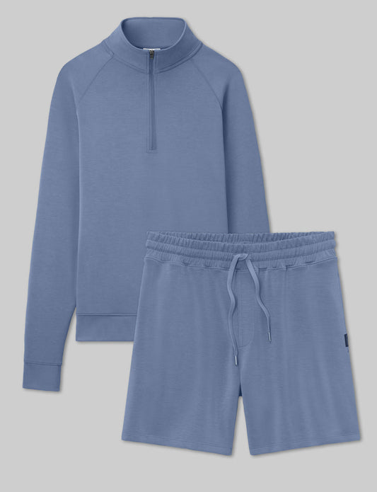 Luxe Traveler Knit Quarter Zip & Short Set::Vintage Indigo