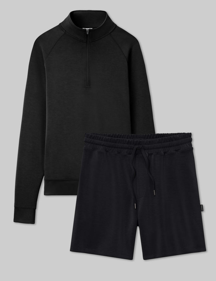 Luxe Traveler Knit Quarter Zip & Short Set::Black