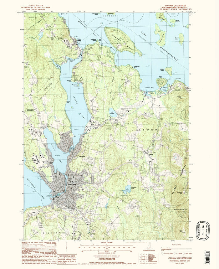 Map of Laconia, New Hampshire, 1987 by USGS – Lake Winnipesaukee, Gilford & Weirs Beach
