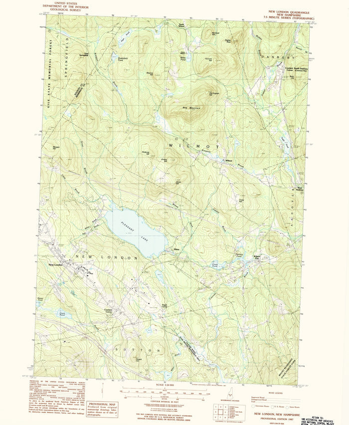Map of New London, New Hampshire by USGS, 1987 – Pleasant Lake, Wilmot & Danbury