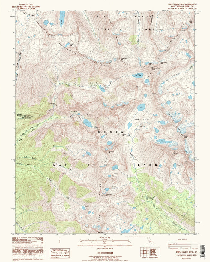 Map of Sequoia National Park, California by USGS, 1993 – Triple Divide Peak, Kings Canyon & High Sierra Trail
