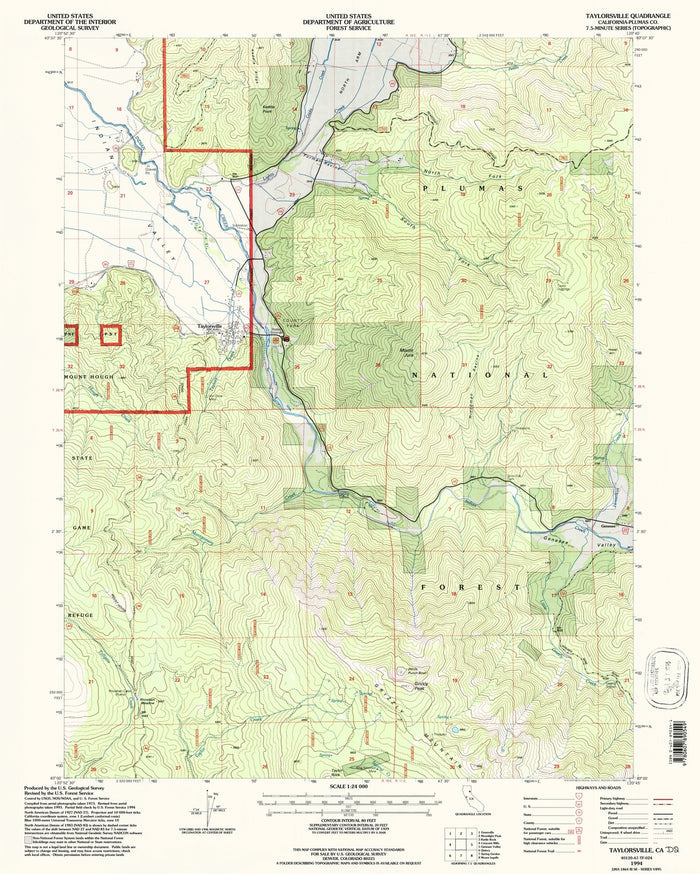 Map of Taylorsville, California by USGS, 1994 – Indian Creek & Plumas National Forest