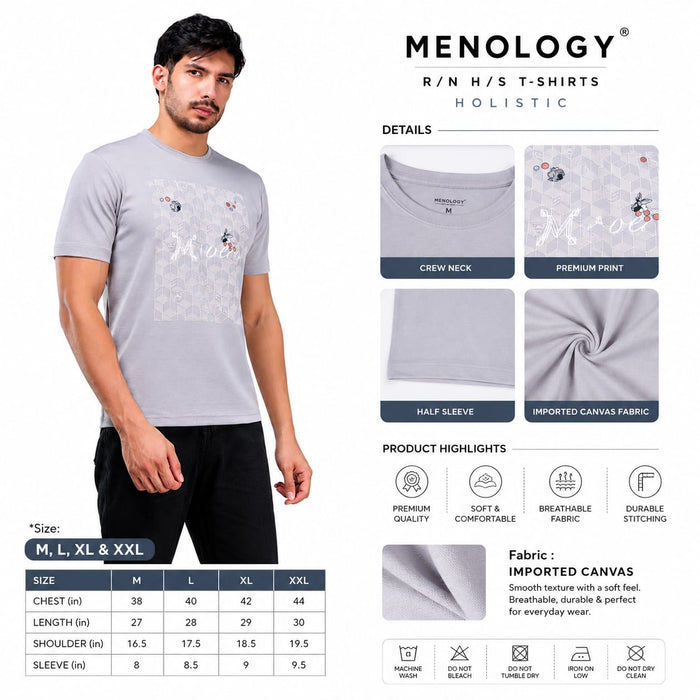 MENOLOGY Men's Holistic Printed Round Neck Half Sleeve T-Shirt | Imported Canvas Fabric | Regular Fit | Light Grey - ANS Billion